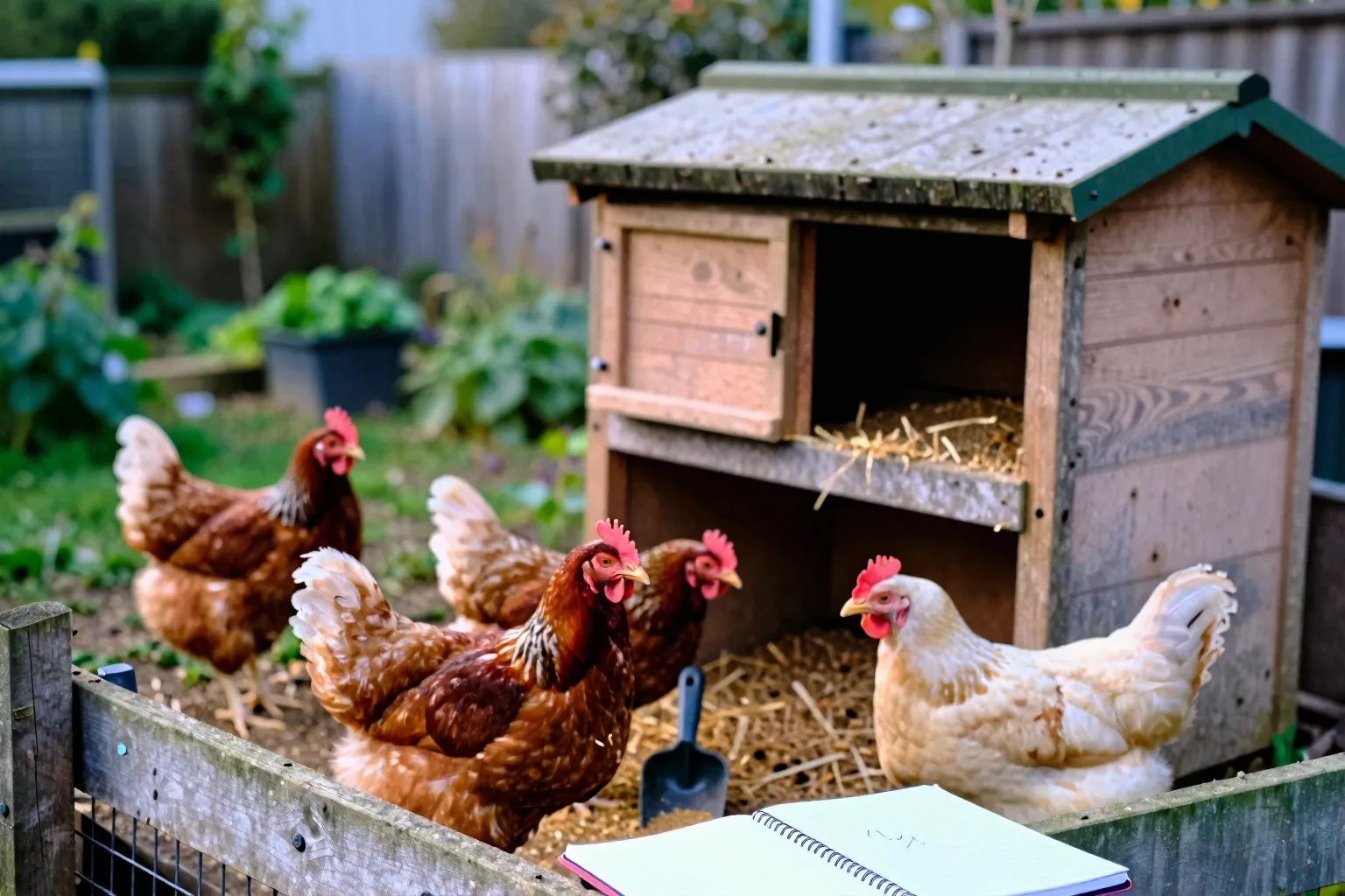 Four hens gather beside a compact backyard coop, showing the manageable size of a first flock.