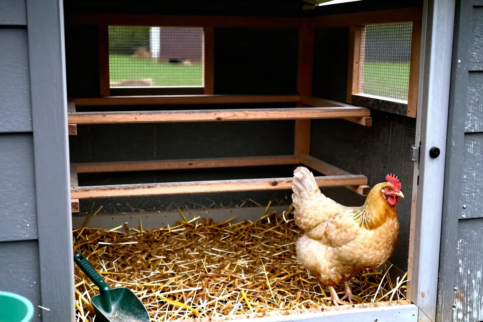 Coop interior showing clear floor space, roosts, bedding, and upper ventilation for healthy chickens.