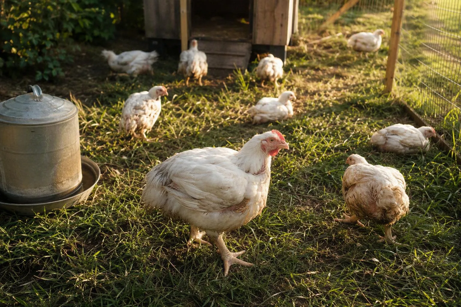 Six broiler chicks stand beside a taped backyard grow-out pen.