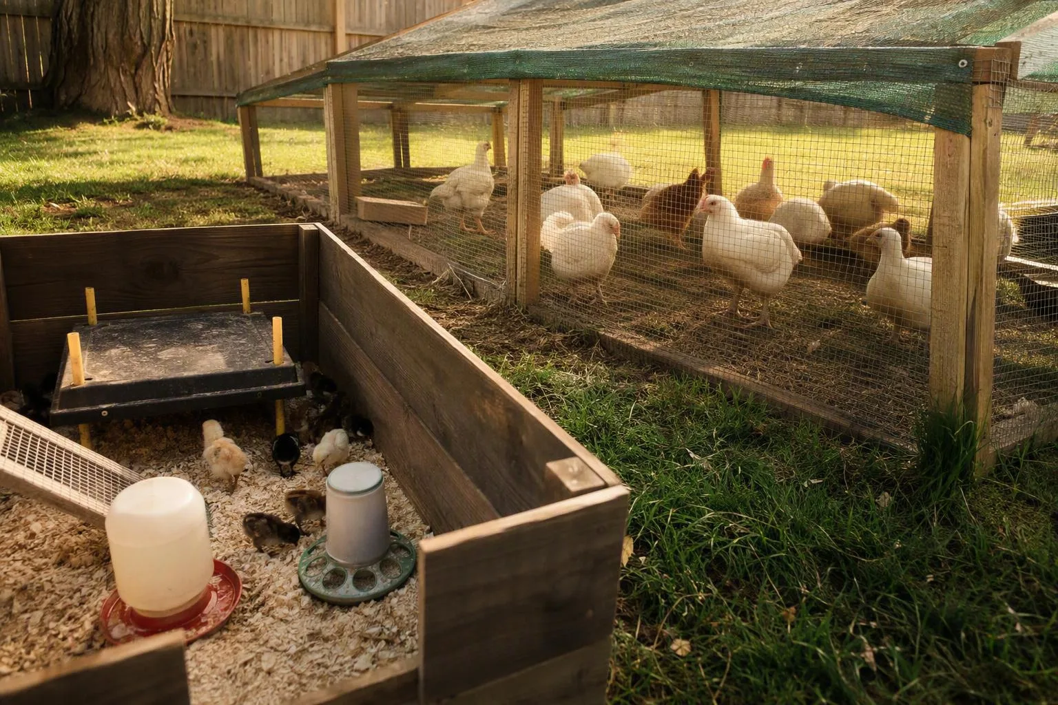 A small brooder stands beside a shaded chicken pen, showing separate spaces for birds at different growth stages.