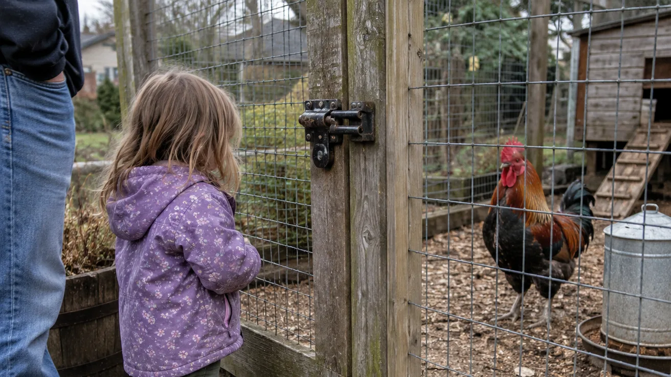A latched wire gate separates a child and visitor from a rooster inside the run.