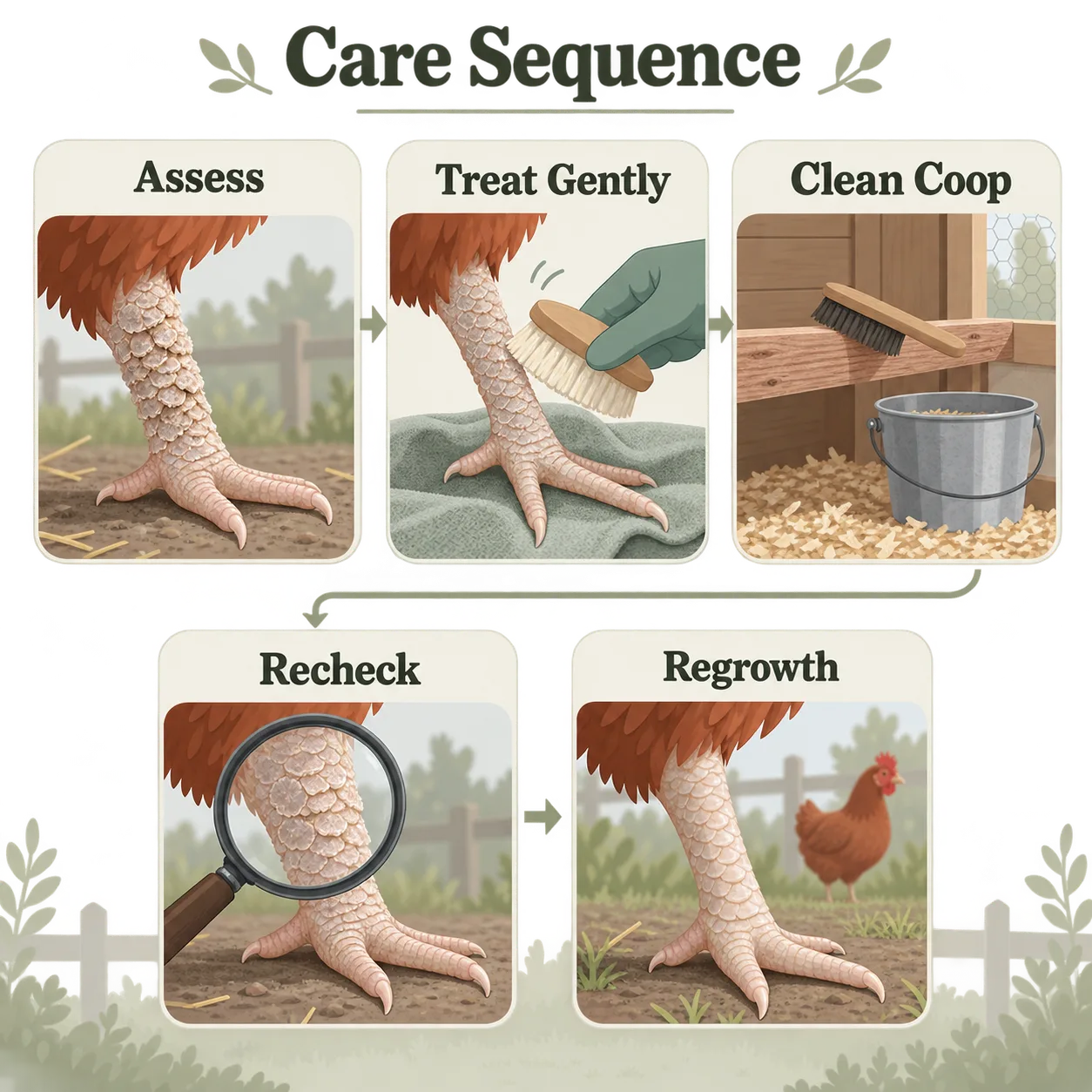 Five panels show a chicken leg being checked, treated gently, followed by coop cleaning, rechecks, and scale regrowth.