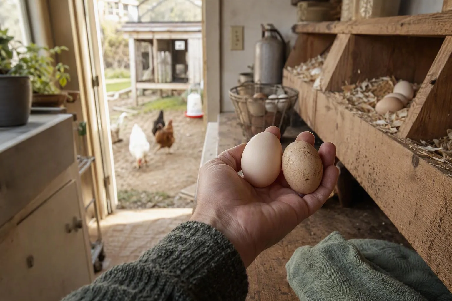 A hand compares a clean egg with a lightly marked egg beside backyard nesting boxes.