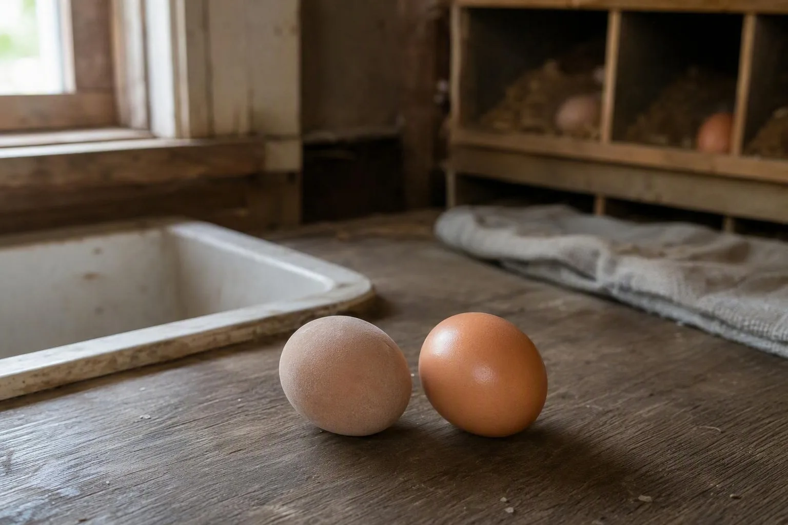 Two eggs show the matte bloom of an unwashed shell beside a cleaner-looking washed shell.