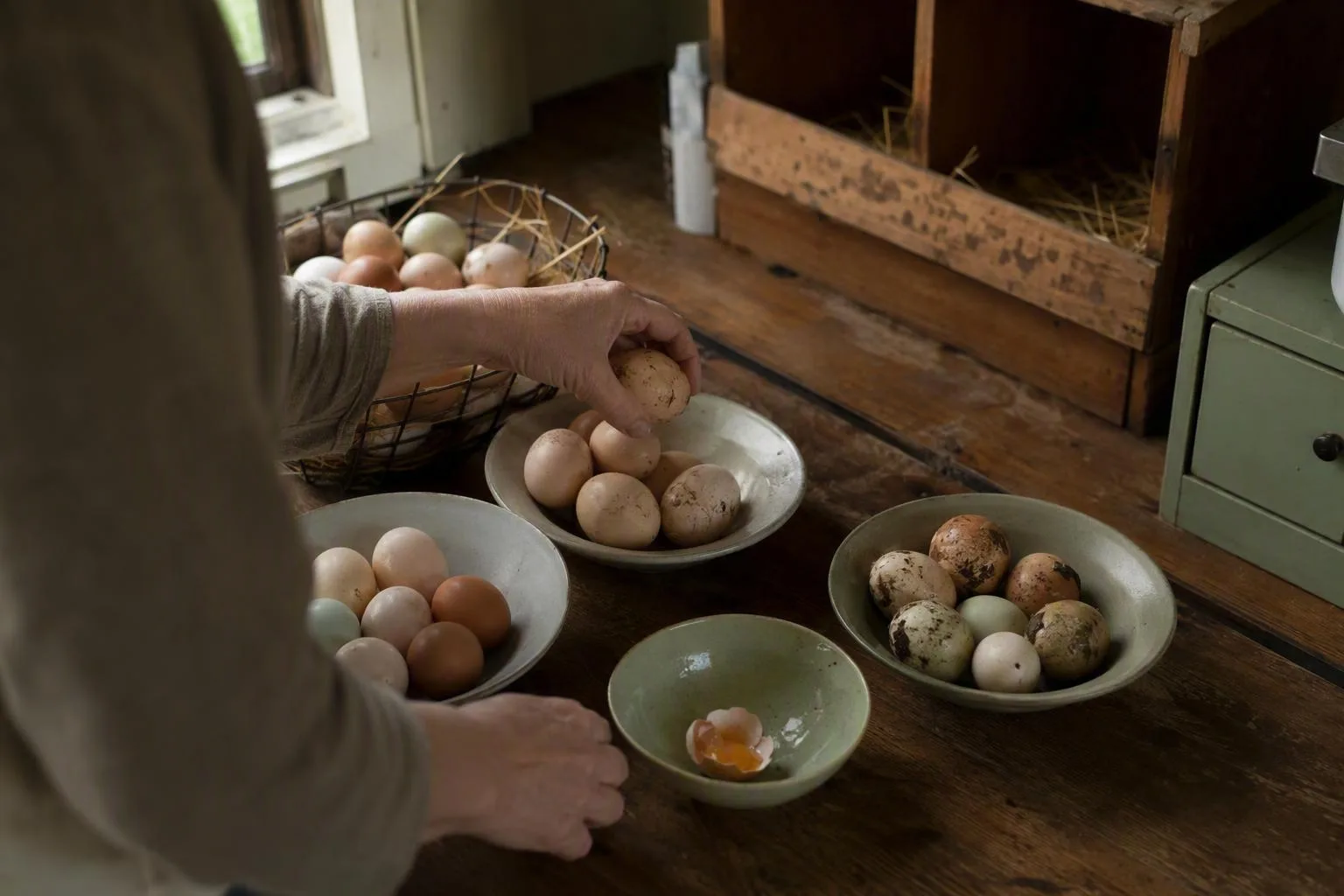 A hand separates clean, dry-marked, dirty, and cracked eggs into four dishes before washing.