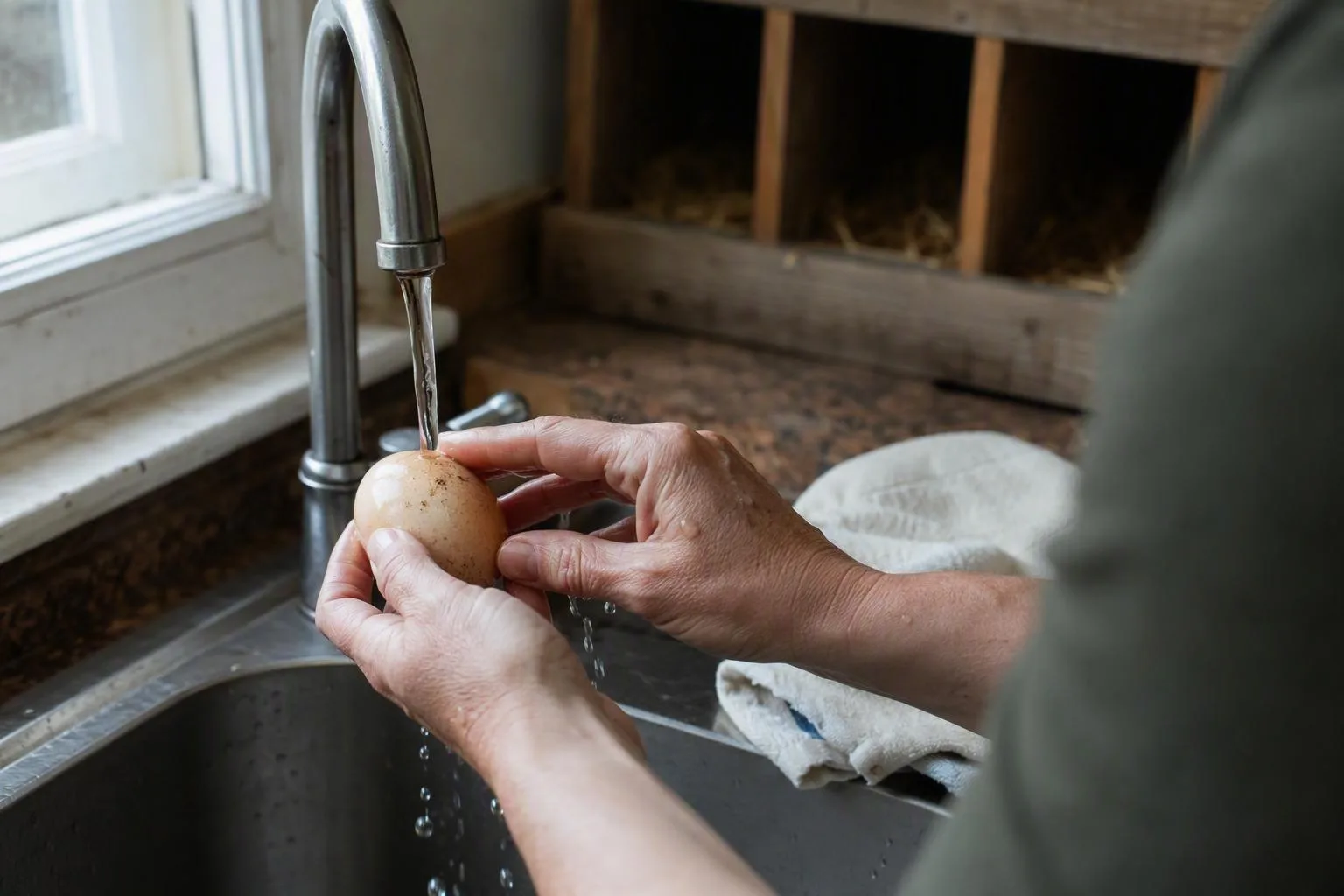 Hands gently rinse one dirty backyard egg under running water, showing a no-soak cleaning method.