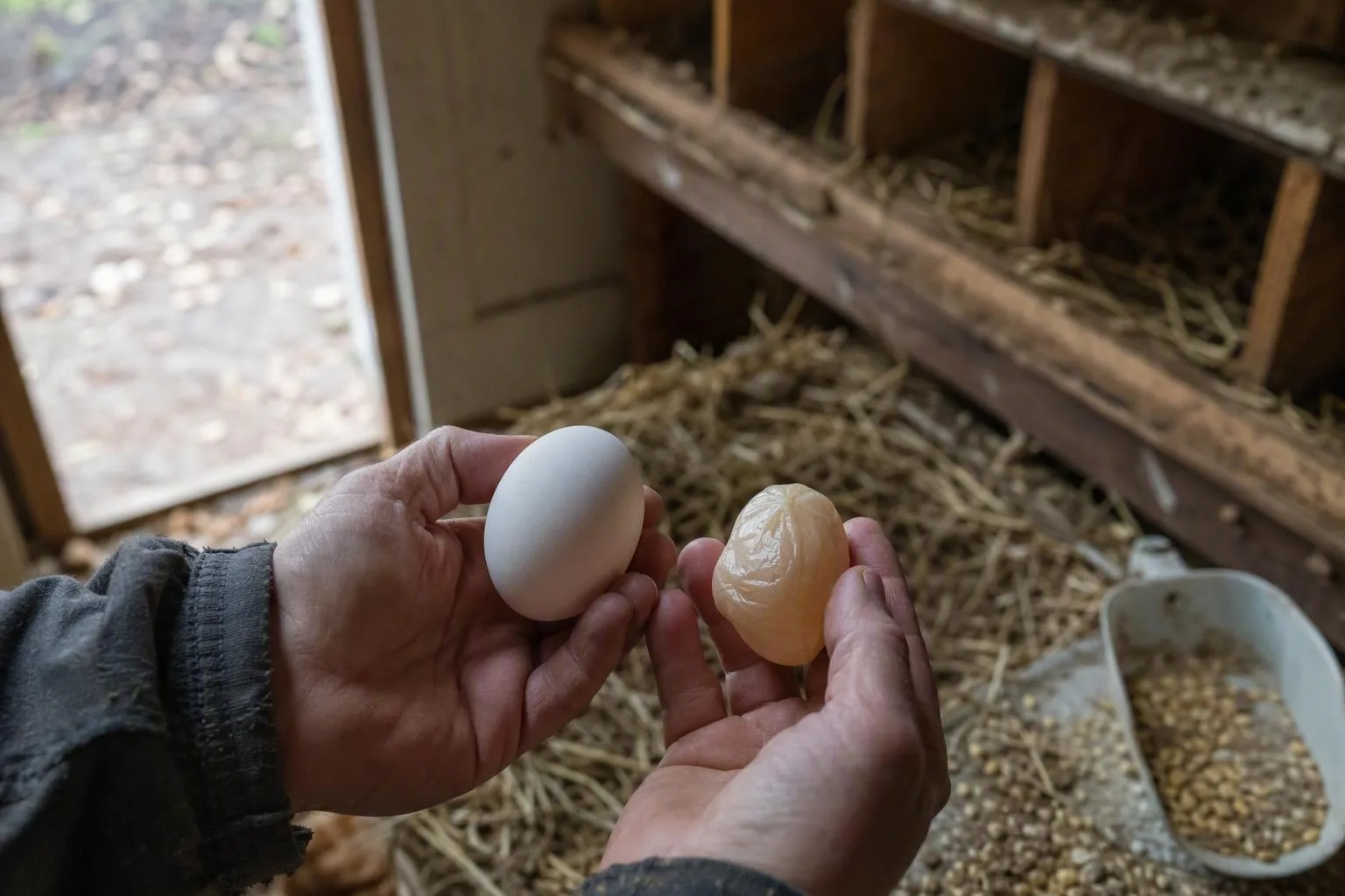 Hands compare a firm white egg with a fragile membrane-only egg in a straw-lined nest.