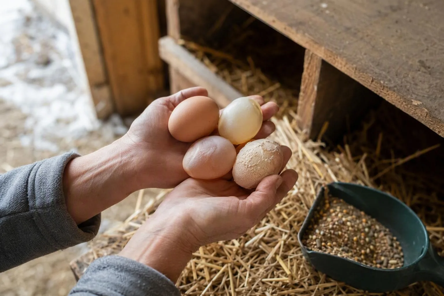 Hands compare normal, soft, shell-less, and rough eggs in a chicken coop to show different defects.
