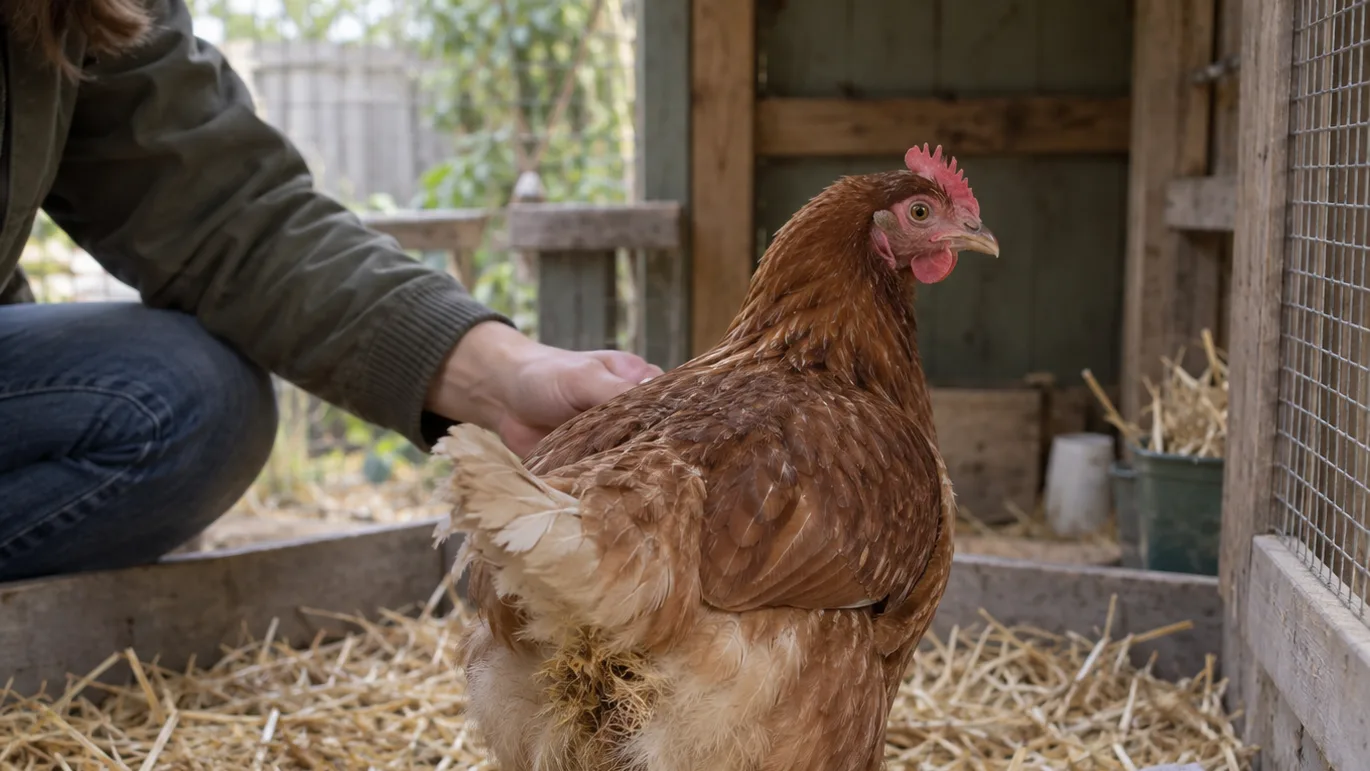 A calm hen stands in a clean isolation pen beside water, a towel, and fresh bedding for gentle care.