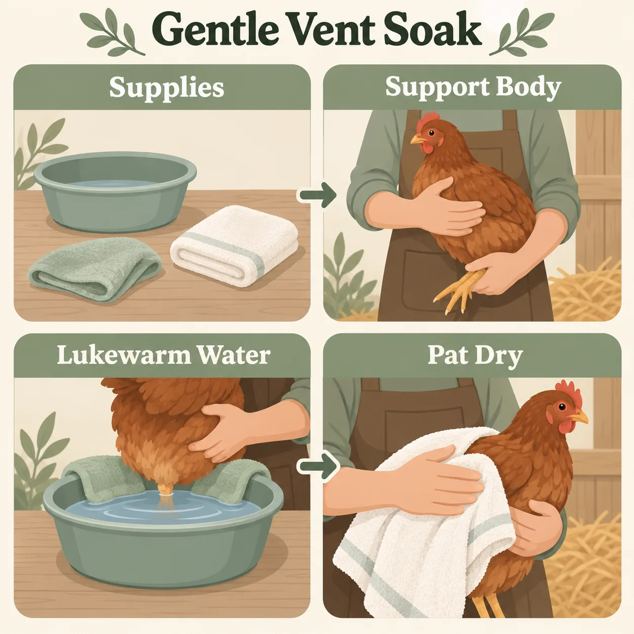 Four steps show how to support a hen and gently clean its vent using lukewarm water and a soft towel.