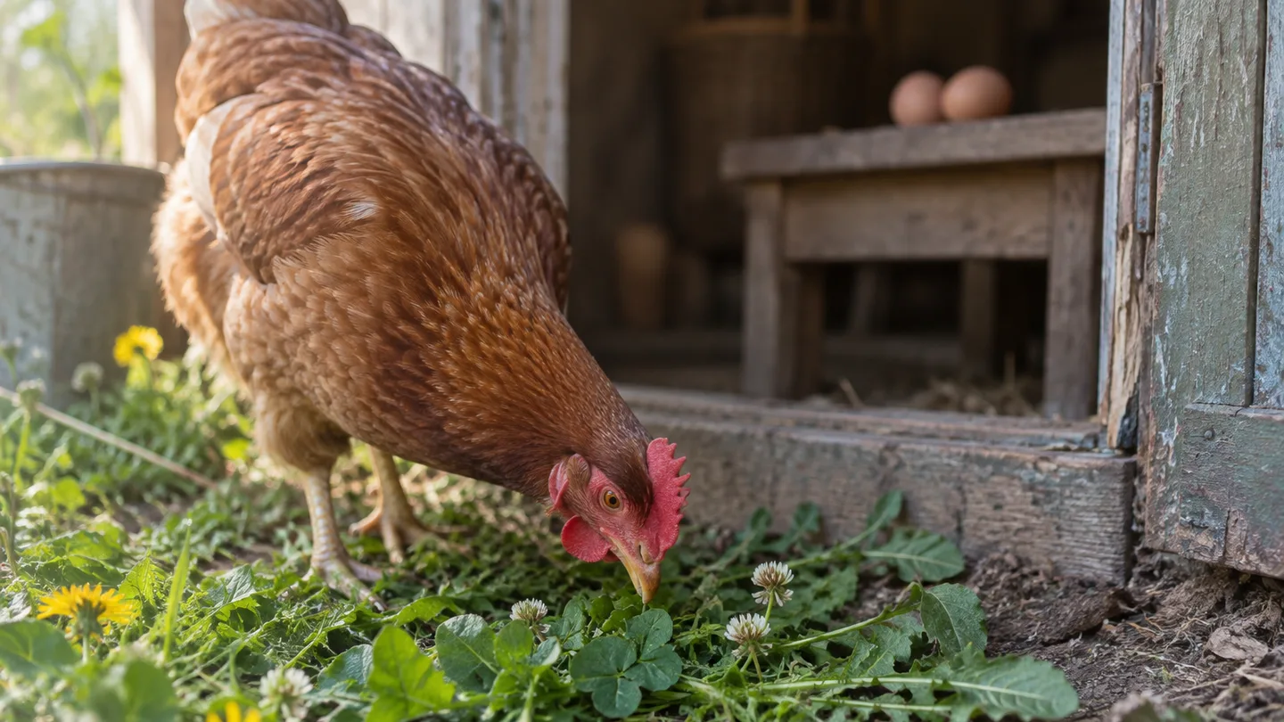 A hen pecks at leafy pasture and yellow blossoms beside an open coop, with eggs resting nearby.