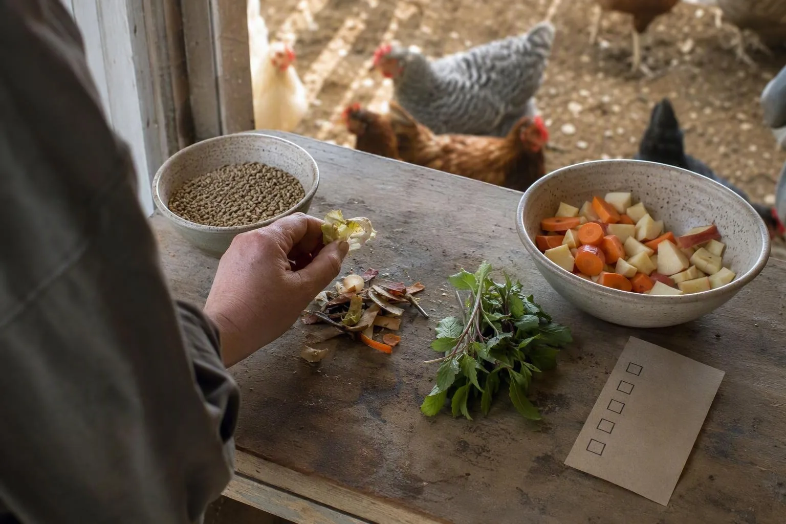 A five-question food safety checklist sits beside a chicken feed scoop.