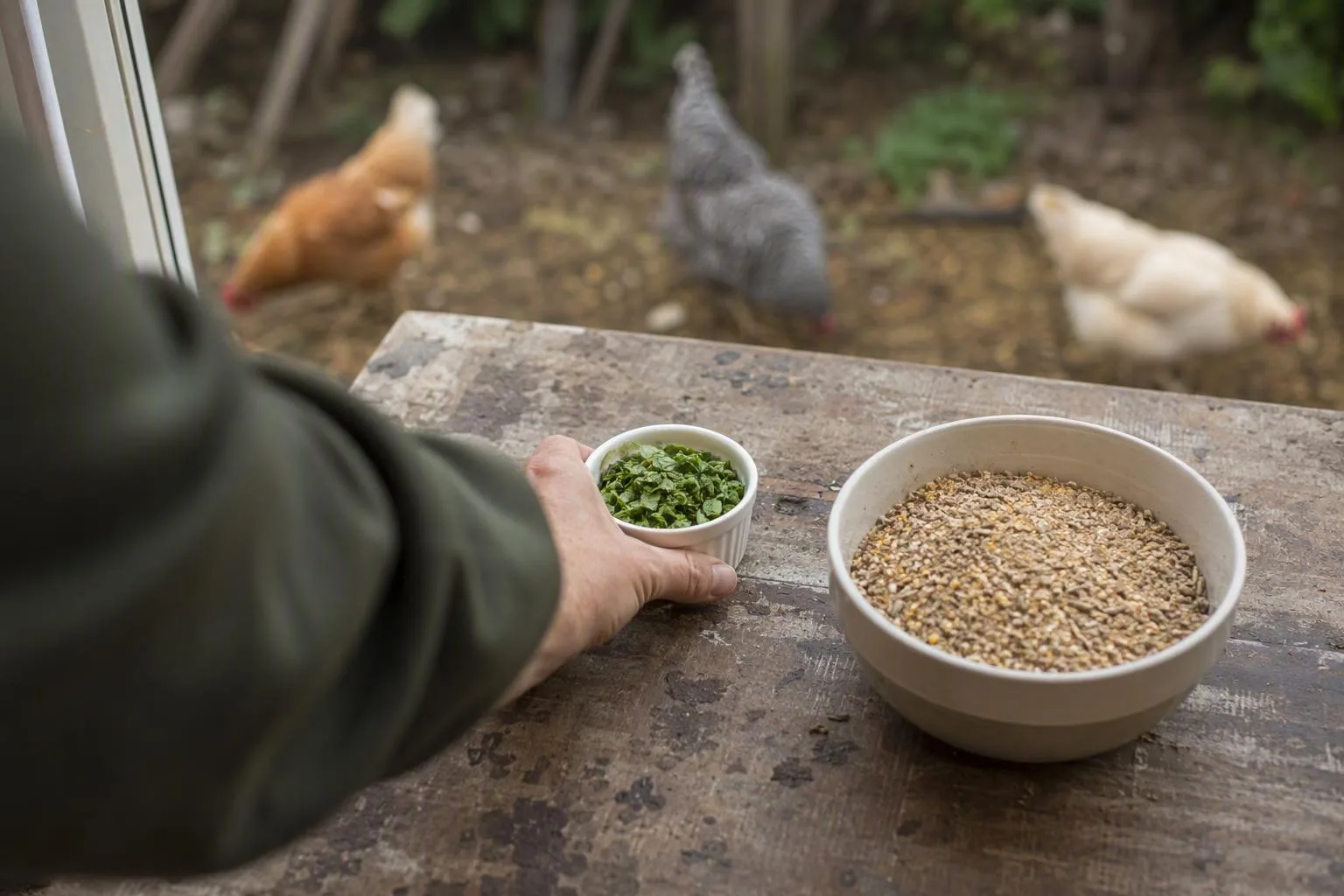A hand sets a small portion of chopped greens beside complete feed, showing treats should stay limited.