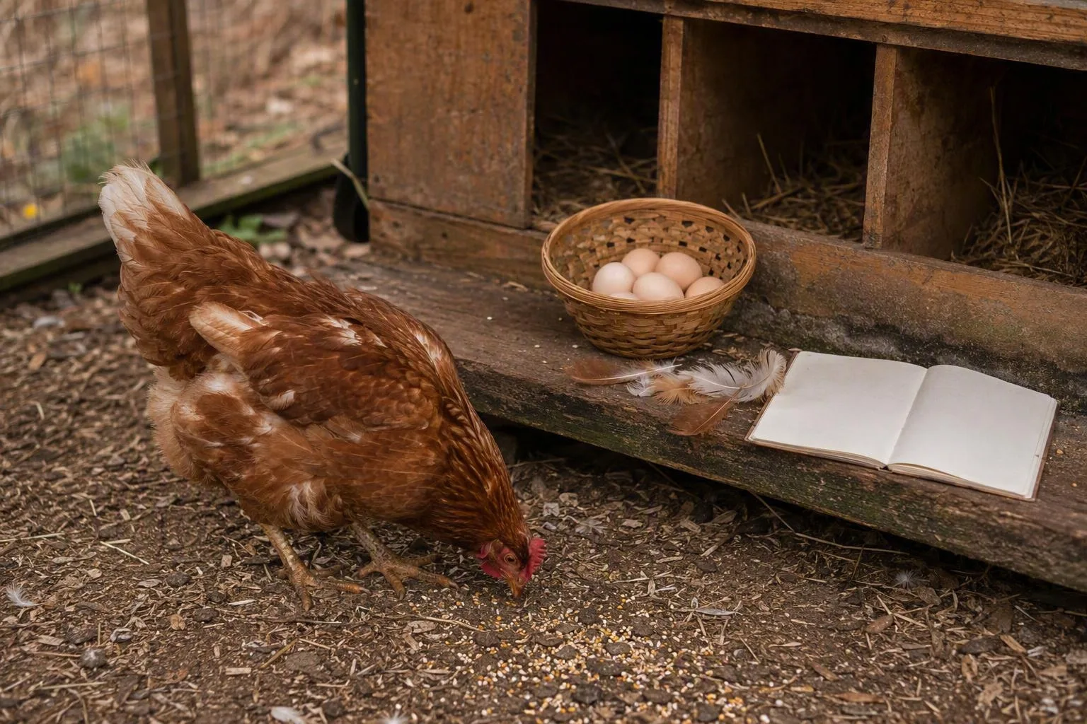 Older hen standing beside a nest box holding several fresh eggs.