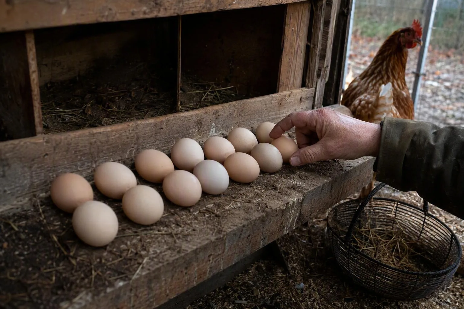 An older hen stands behind two rows of eggs arranged to compare a small flock’s daily laying over two weeks.