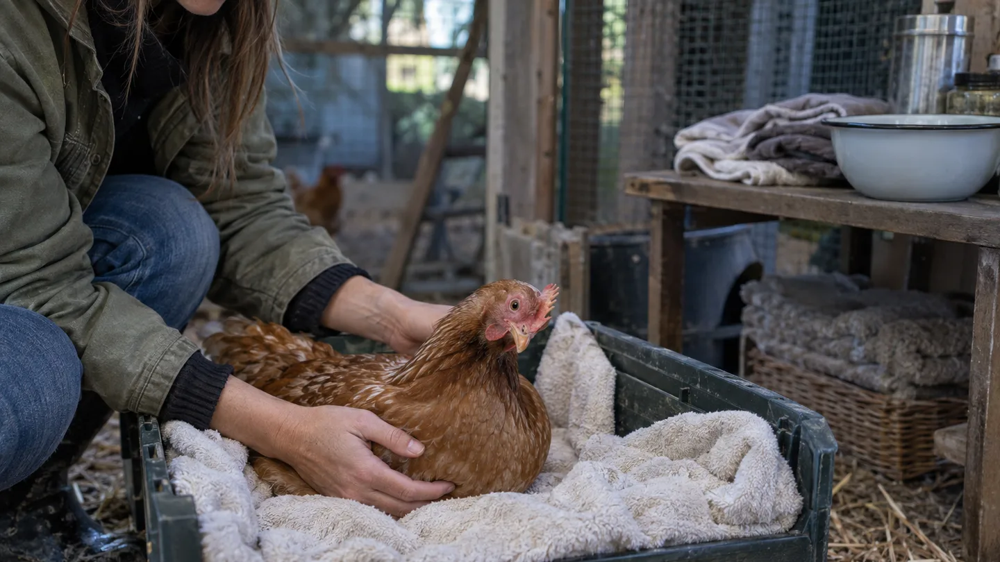 A hen with a tilted neck rests on a padded towel while a caretaker gently checks her in a quiet coop.