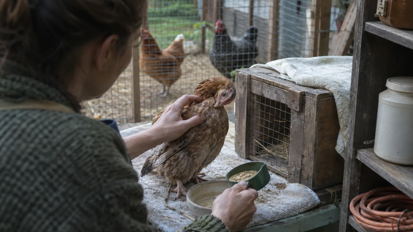 A keeper compares a chicken’s bent neck with its feed and nearby household hazards.
