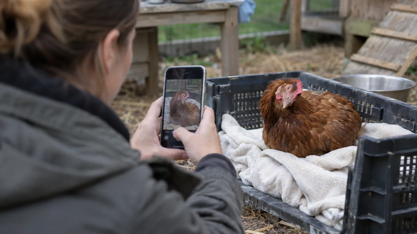 A keeper photographs a chicken with a tilted neck in a quarantine crate to record symptoms for a veterinarian.